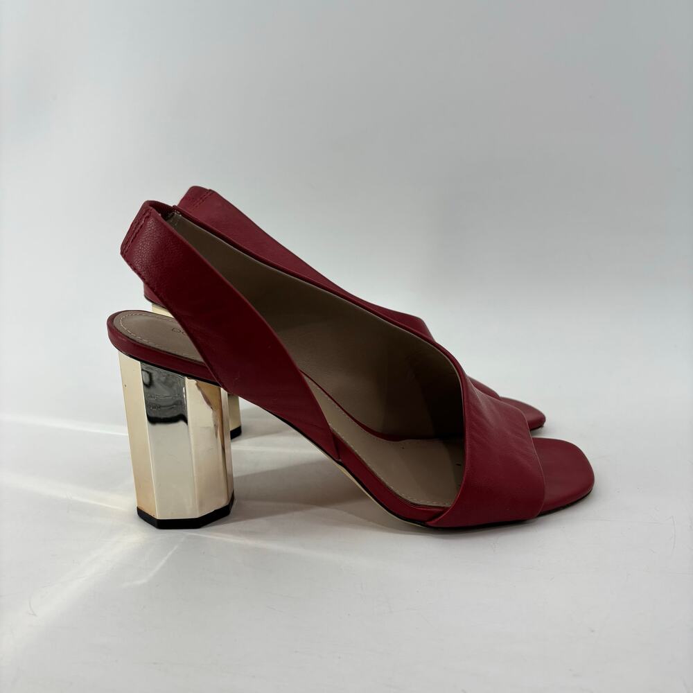 Donald Pliner Womens Size 9.5 Red Open Toe Pumps Slingback Gold Heels - Picture 2 of 13